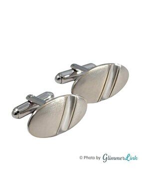 Vintage Shields Fifth Avenue Diagonal Stripe Oval Silver Tone Cufflinks